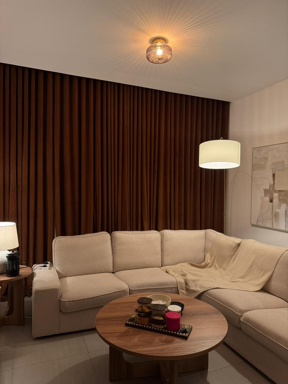 Theater-grade blackout velvet curtains in a Palm Jumeirah home den